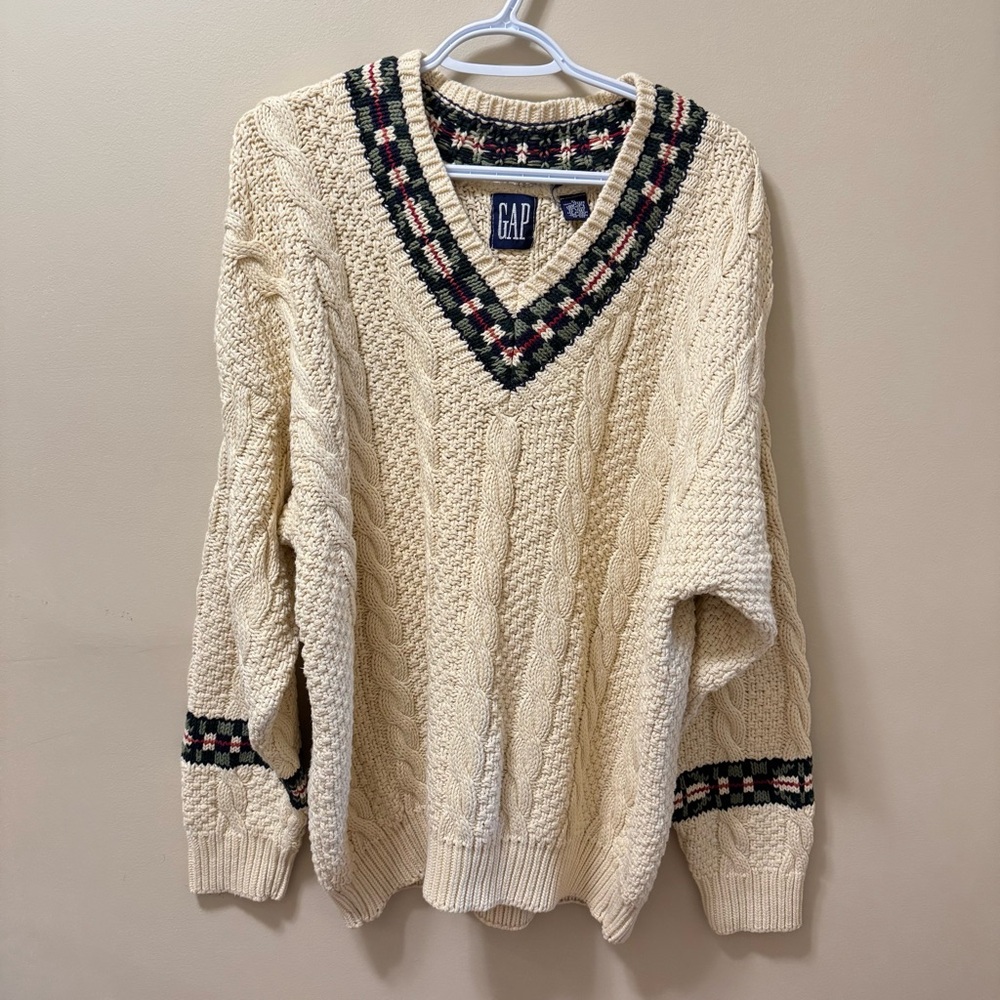 GAP Cream Cable Knit V-Neck Sweater with Green & Pink Trim